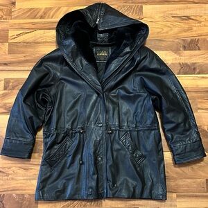Venezia Black Leather Hooded Button Up Anorak Coat